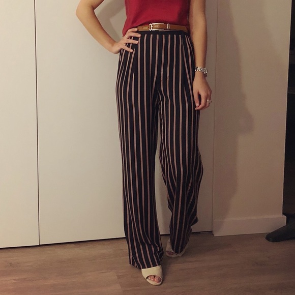 Zara Basic High Waisted Wide Leg Striped Pants Size XS Navy - Picture 3 of 10